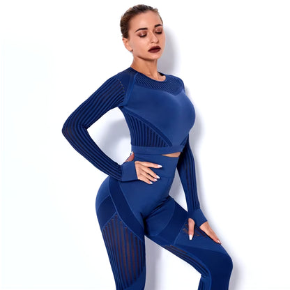 Hollow Out Seamless Yoga Set for Women - Black 2-Piece Crop Top and Leggings Fitness Outfit